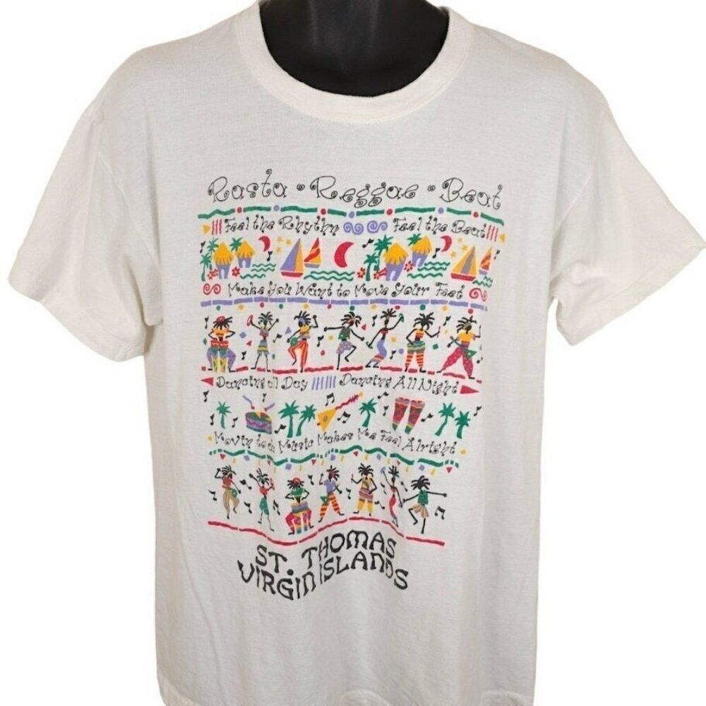 Vintage St Thomas T Shirt Mens Size Large White 90s Rasta Reggae Beat Travel
